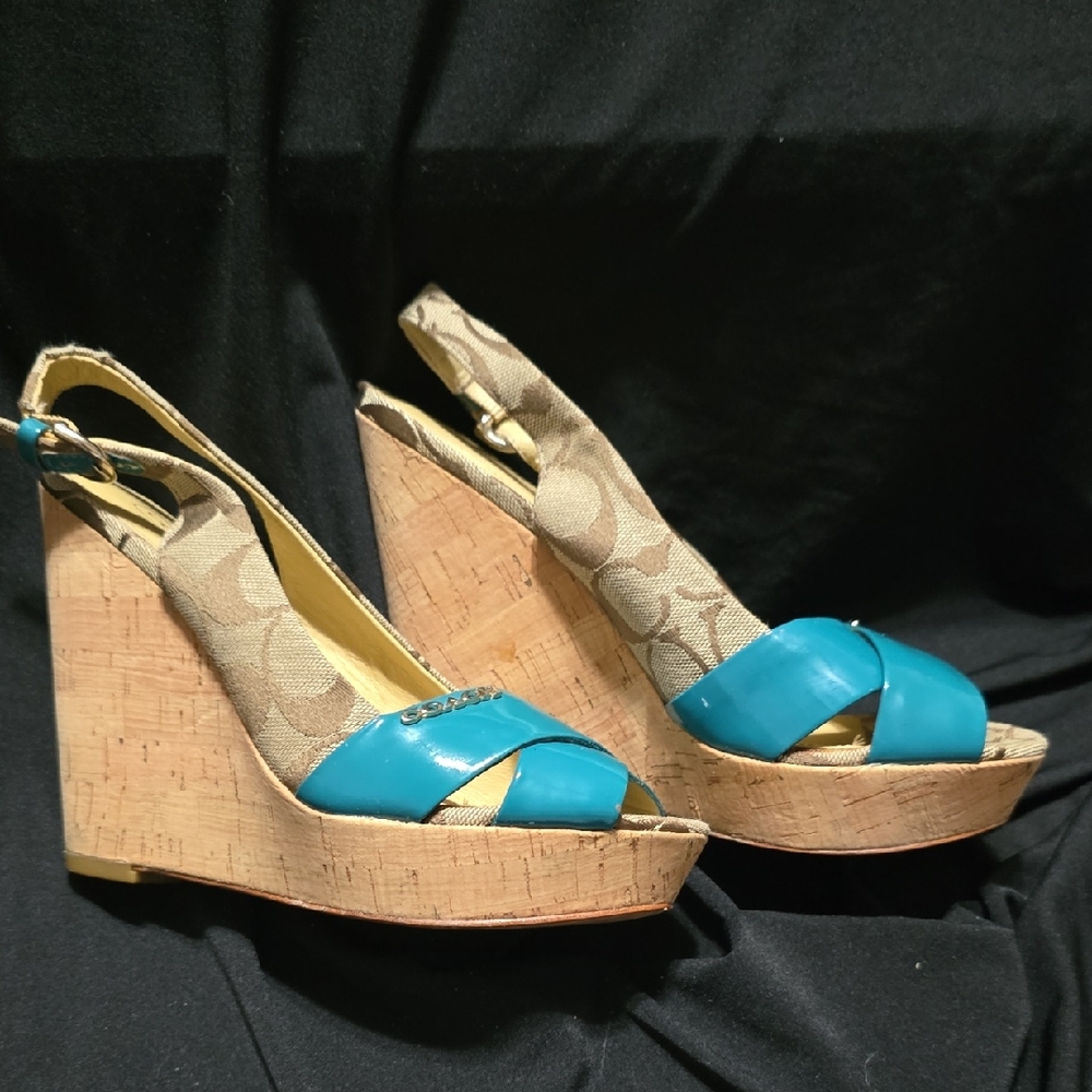 Coach Teal and Tan Wedge Sandals